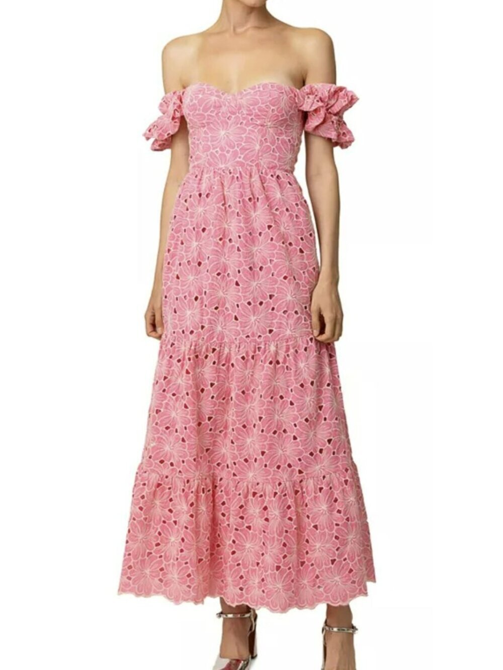 Line & Dot Pink Floral Embroidered Eyelet Ruffle Strap Maxi Dress Size Small New